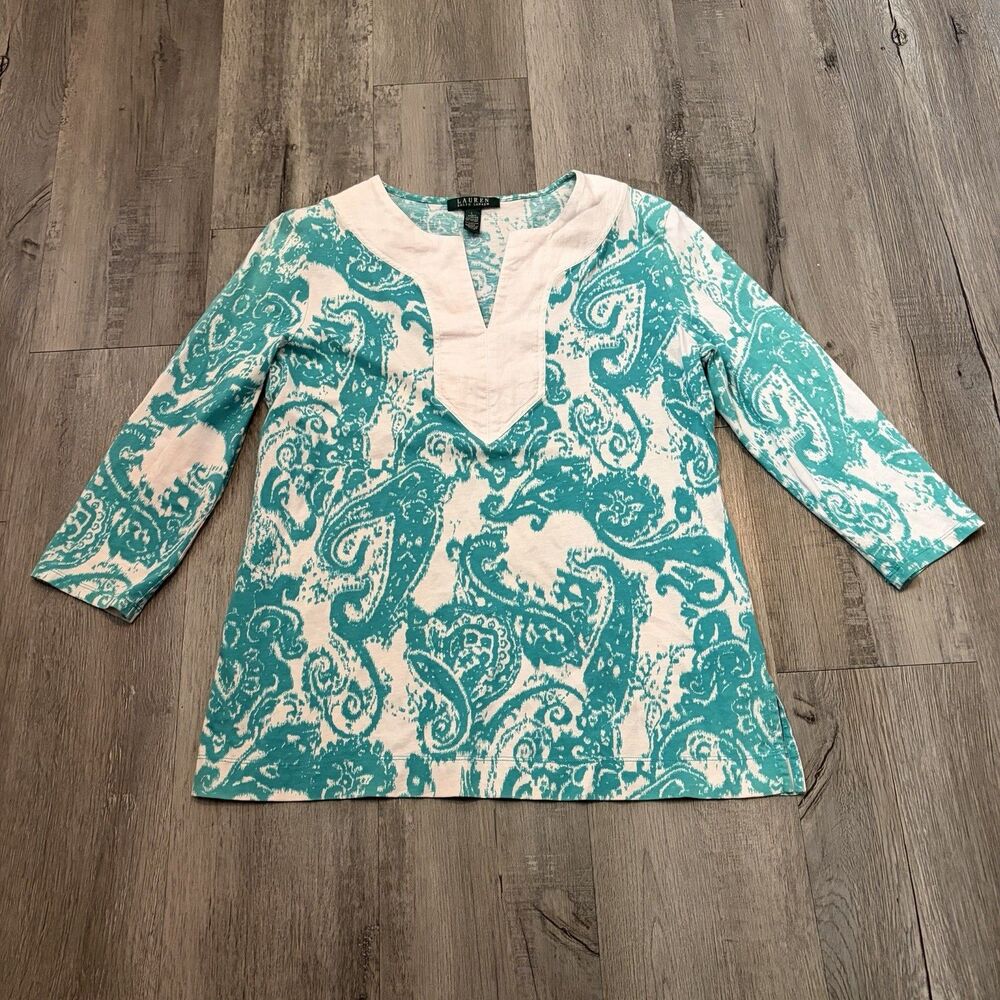 Ralph Lauren Split-Neck Teal and white Paisley Top Blouse 3/4 Sleeve Size Large